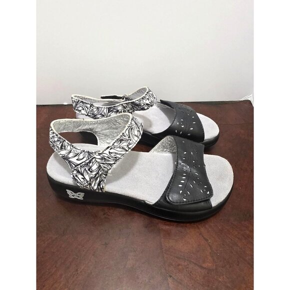 Alegria Women's Black & White Sandals With Adjustable Strap & Cutout Design Size - Picture 3 of 11